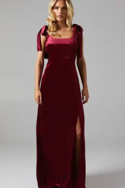 Petite Tie Shoulder Velvet Bridesmaids Maxi Dress