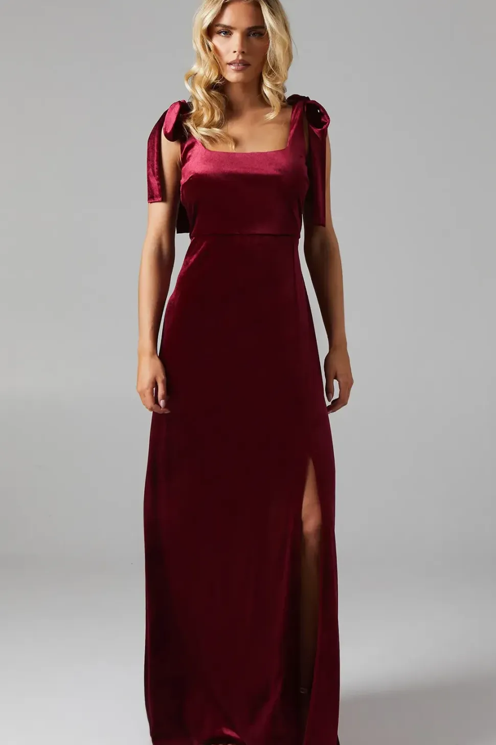 Petite Tie Shoulder Velvet Bridesmaids Maxi Dress