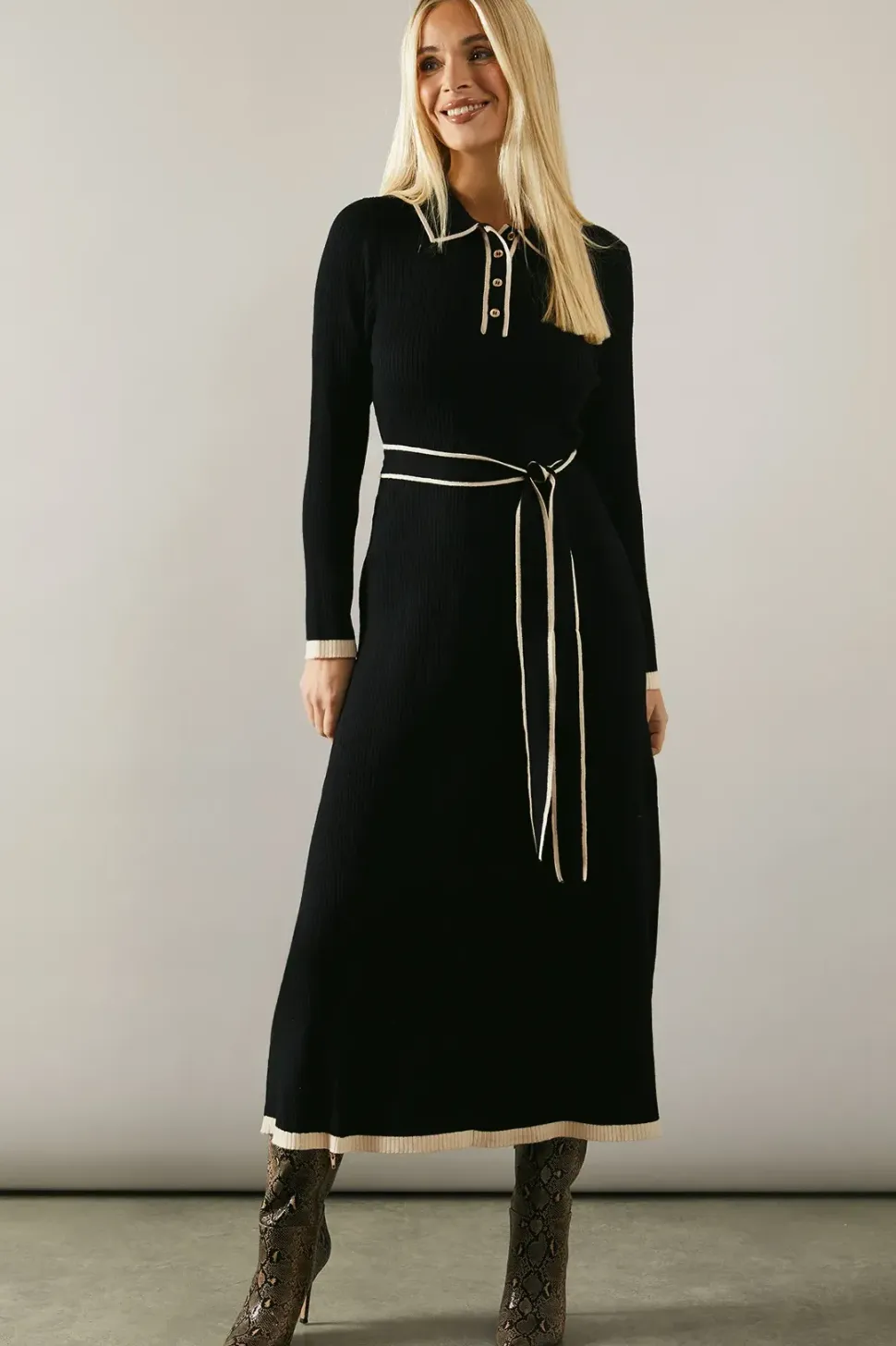 Petite Tipped Belted Knitted Midi Dress
