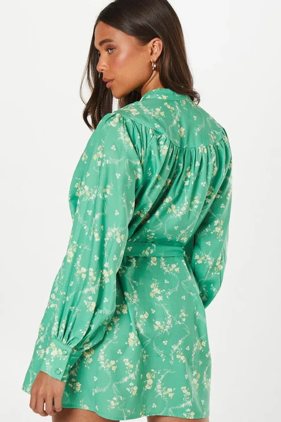 Petite Trailing Floral Poly Moss Crepe Button Down Belted Mini Dress