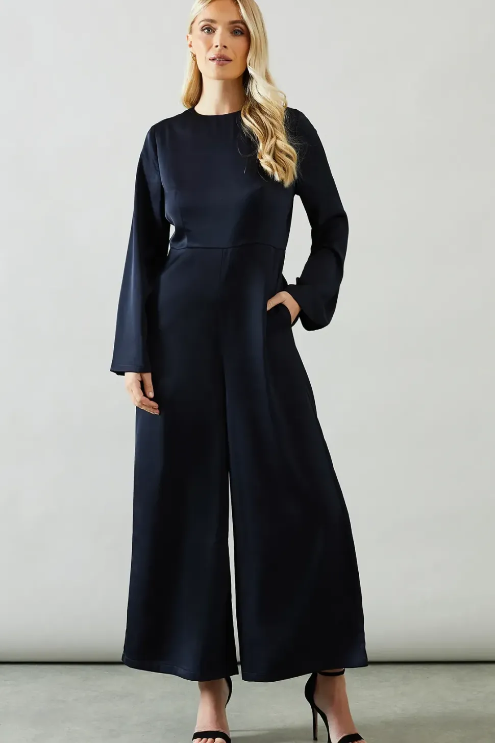 Petite Trumpet Sleeve Wide Leg Crepe Jumpsuit