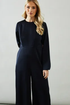 Petite Trumpet Sleeve Wide Leg Crepe Jumpsuit
