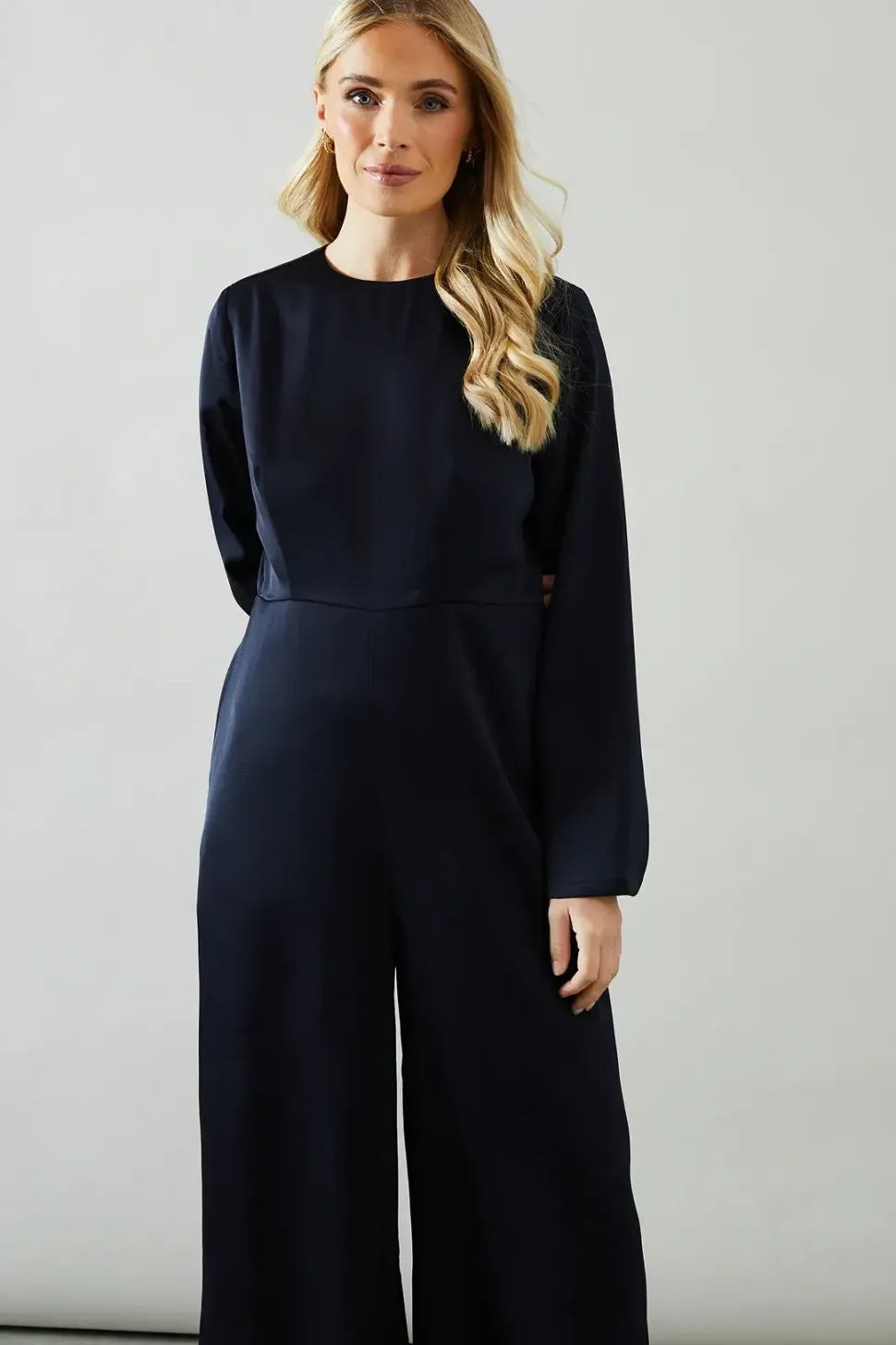 Petite Trumpet Sleeve Wide Leg Crepe Jumpsuit