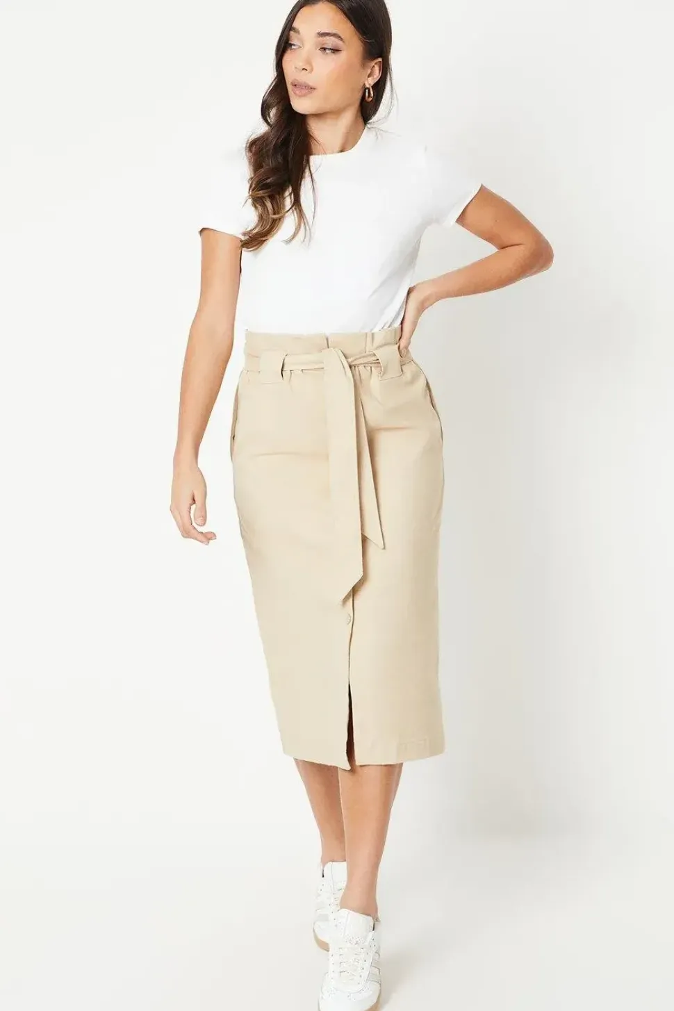 Petite Twill Paperbag Midi Skirt