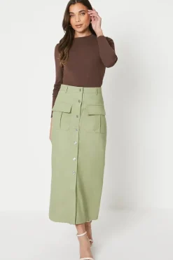 Petite Twill Pocket Button Through Maxi Skirt