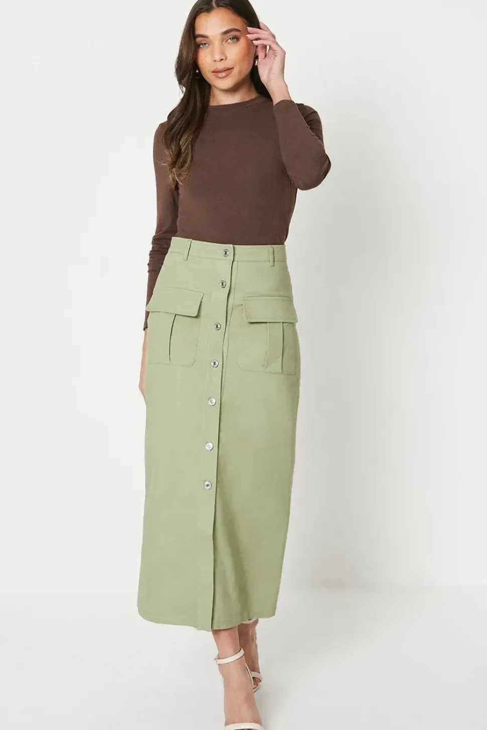 Petite Twill Pocket Button Through Maxi Skirt