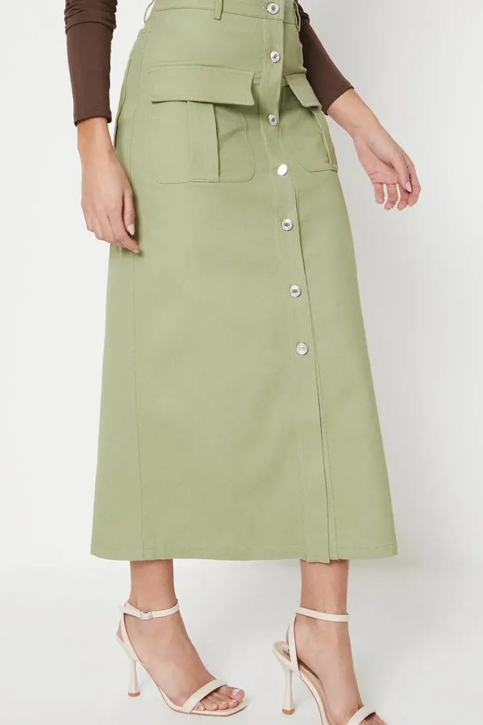 Petite Twill Pocket Button Through Maxi Skirt