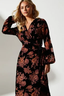 Petite Velvet Devore Blouson Sleeve Wrap Dress