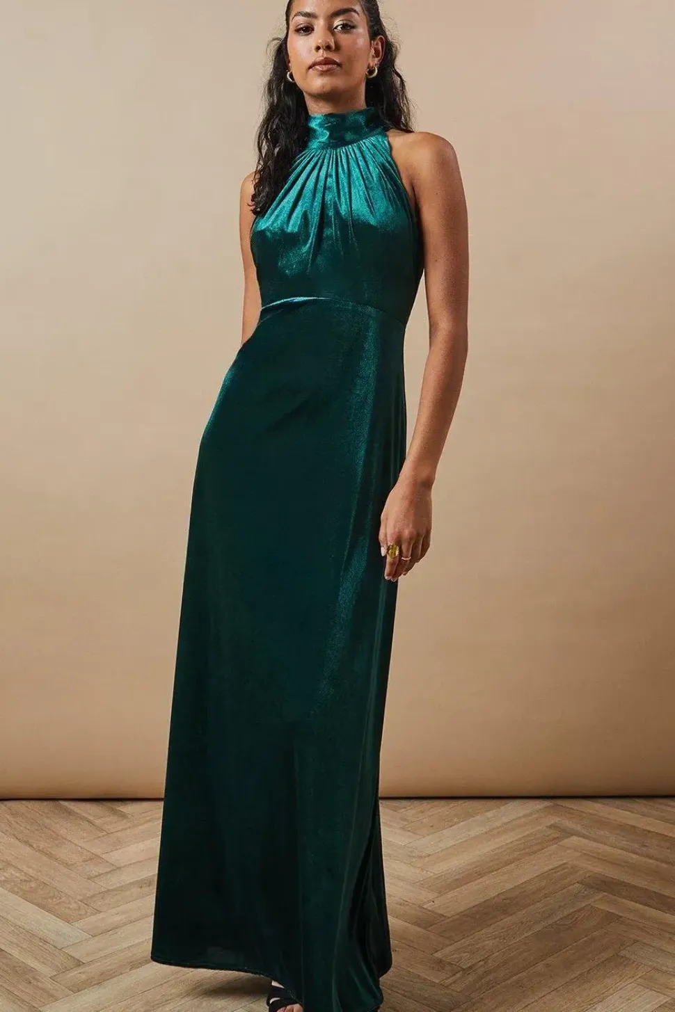 Petite Velvet Halter Bias Cut Maxi Bridesmaids Dress