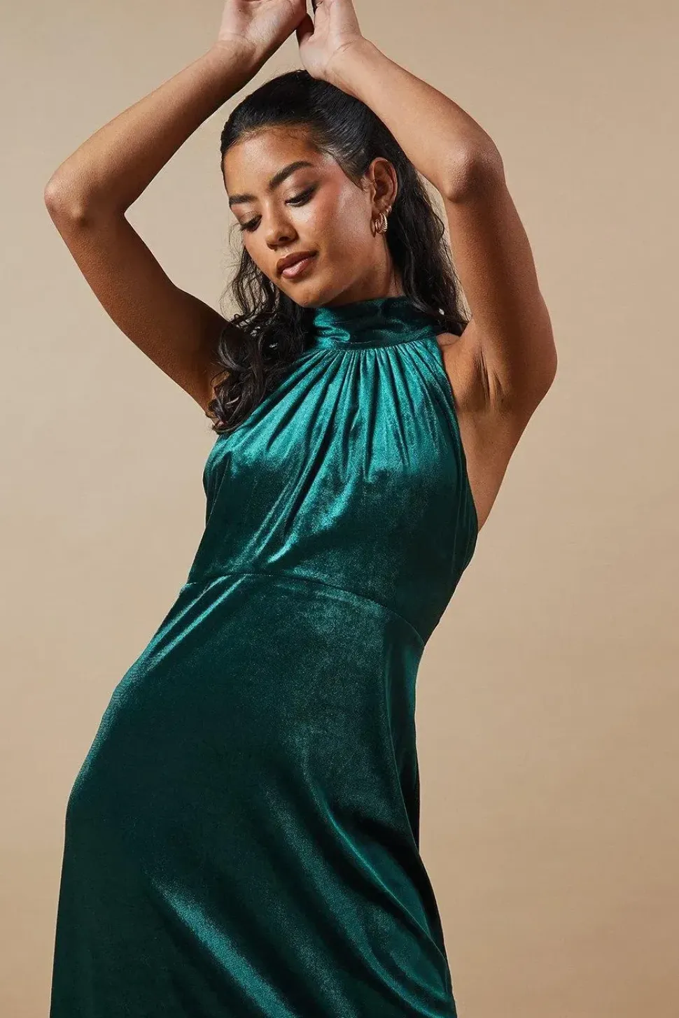 Petite Velvet Halter Bias Cut Maxi Bridesmaids Dress