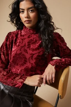 Petite Velvet High Neck Button Detail Blouse