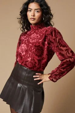 Petite Velvet High Neck Button Detail Blouse