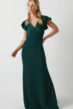 Petite V Neck Angel Sleeve Satin Bridesmaids Dress