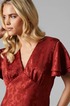 Petite V Neck Angel Sleeve Satin Jacquard Bridesmaids Dress