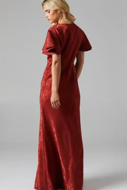 Petite V Neck Angel Sleeve Satin Jacquard Bridesmaids Dress