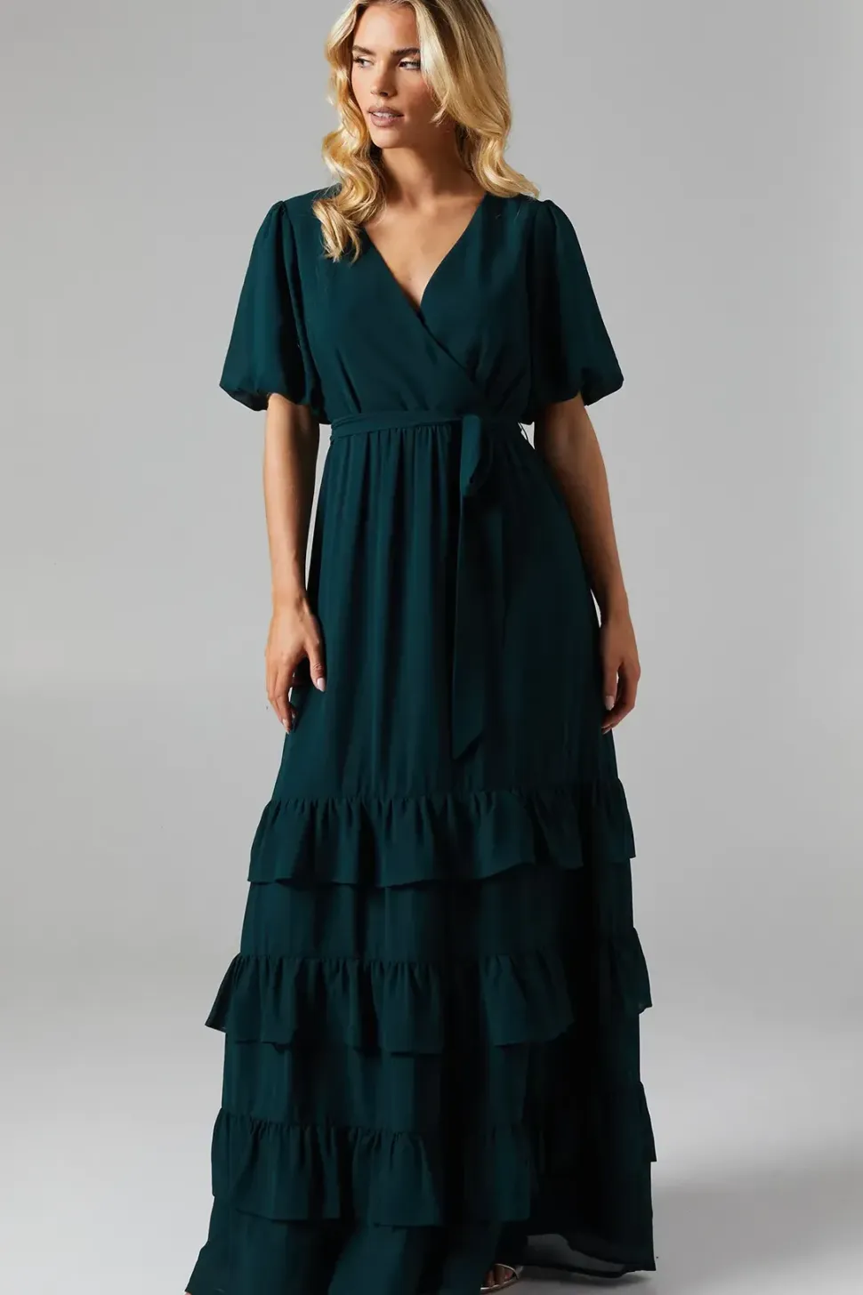 Petite V Neck Puff Sleeve Tiered Georgette Bridesmaids Dress