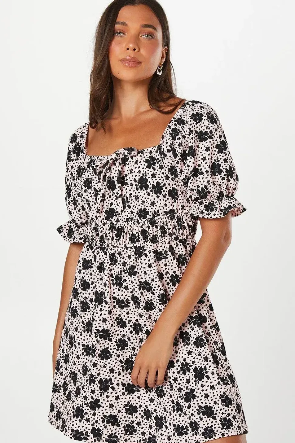 Petite Waist Detail Puff Sleeve Mini Dress