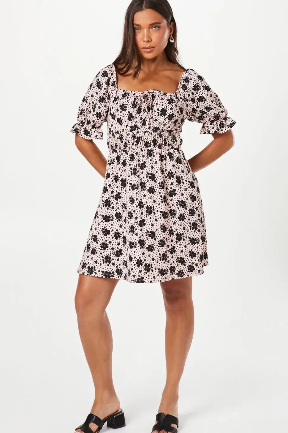 Petite Waist Detail Puff Sleeve Mini Dress