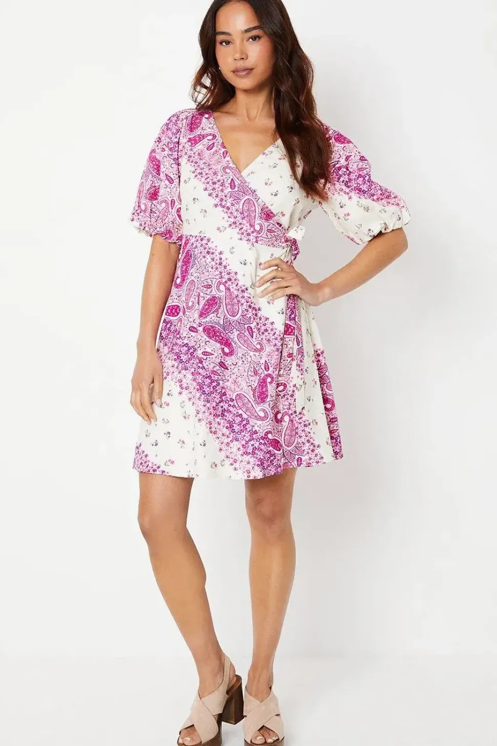Petite Wrap Puff Sleeve Mini Dress
