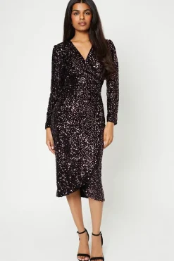 Petite Wrap Sequin Velvet Long Sleeve Midi Dress