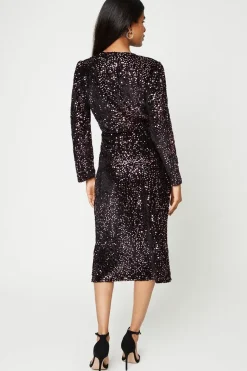 Petite Wrap Sequin Velvet Long Sleeve Midi Dress