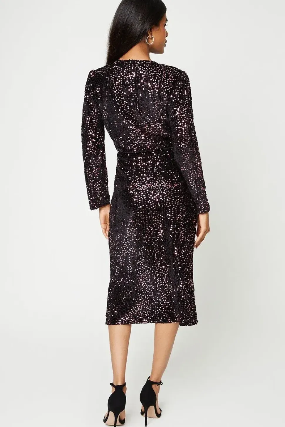 Petite Wrap Sequin Velvet Long Sleeve Midi Dress