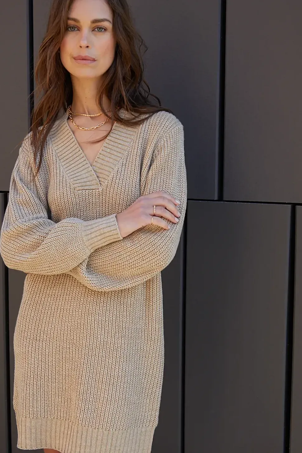 Petite 'Adeline' V Neck Knitted Jumper Dress