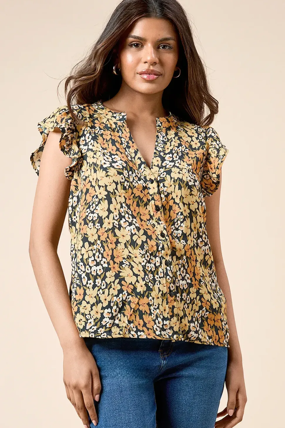 Petite Yellow Floral Button Front Ruffle Shell Top