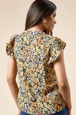 Petite Yellow Floral Button Front Ruffle Shell Top