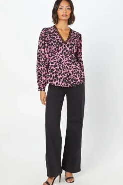 Pink Abstract Lace Trim V Neck Blouse
