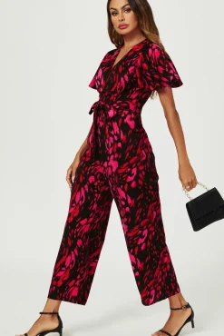 Pink Abstract Print Wrap Top Jumpsuit In Black