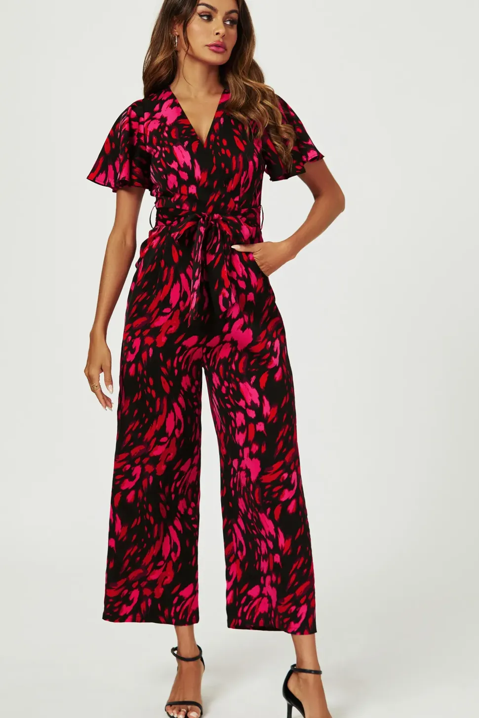 Pink Abstract Print Wrap Top Jumpsuit In Black