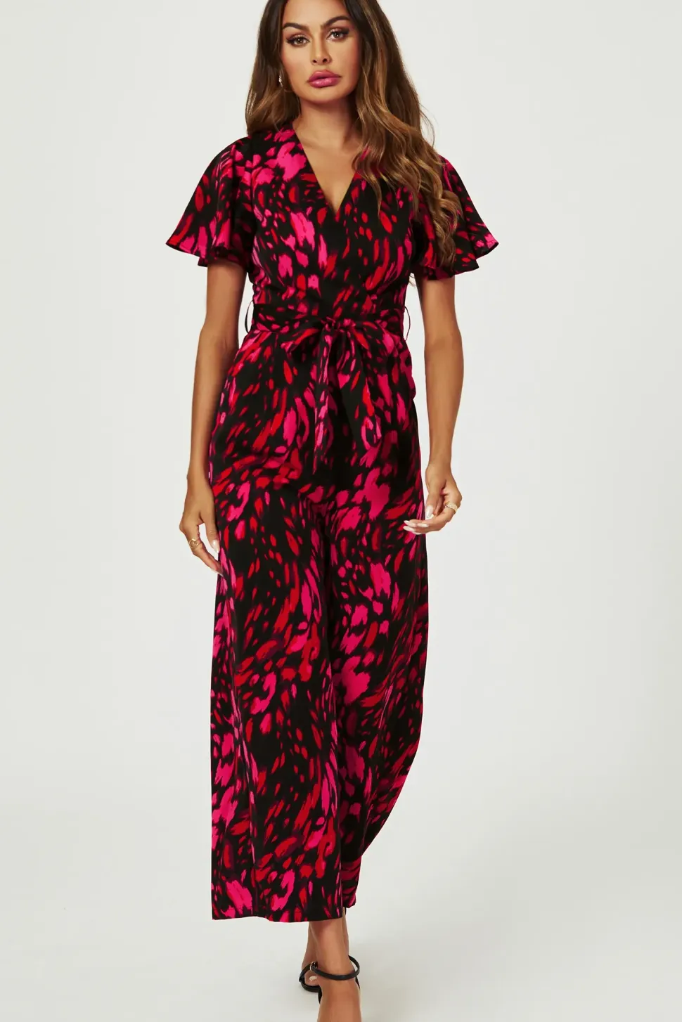 Pink Abstract Print Wrap Top Jumpsuit In Black