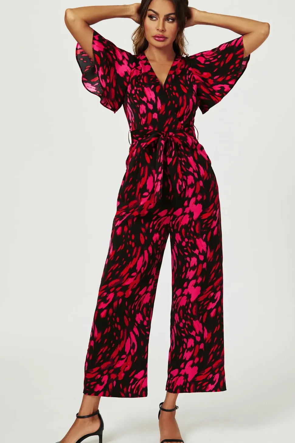 Pink Abstract Print Wrap Top Jumpsuit In Black