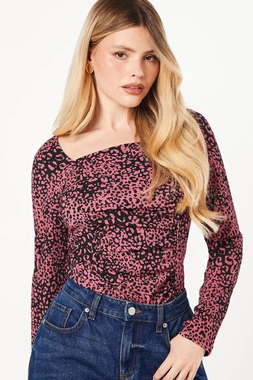 Pink Animal Ruched Front Long Sleeve Top