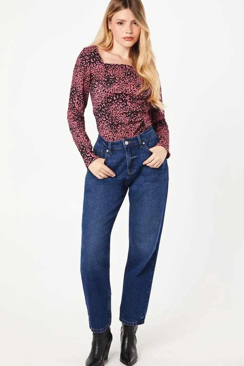 Pink Animal Ruched Front Long Sleeve Top