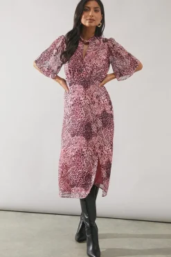 Pink Animal Twist Neck Midi Dress