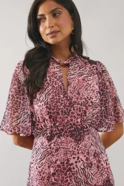 Pink Animal Twist Neck Midi Dress