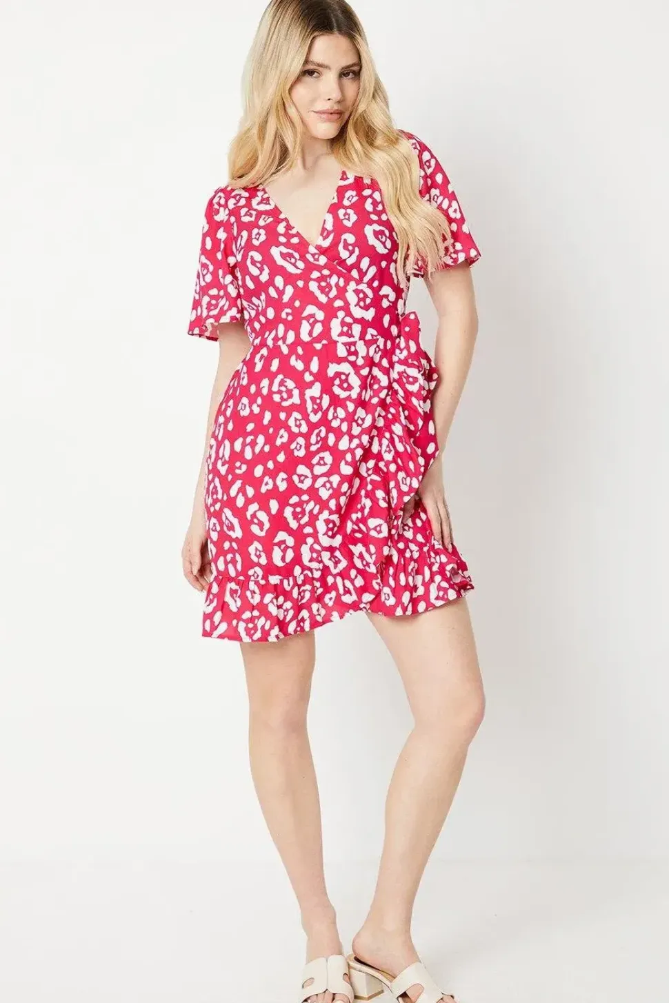 Pink Animal Wrap Tie Side Ruffle Hem Mini Dress