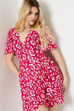 Pink Animal Wrap Tie Side Ruffle Hem Mini Dress