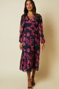 Pink Blurred Floral Chiffon Ruffle Neck Long Sleeve Midi Dress