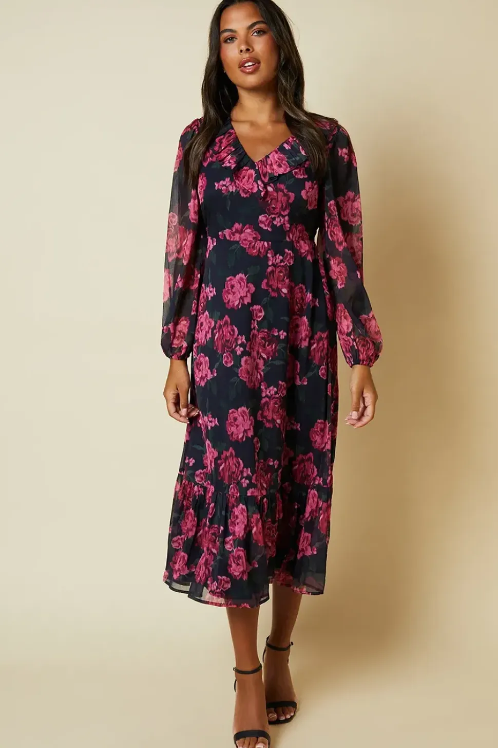 Pink Blurred Floral Chiffon Ruffle Neck Long Sleeve Midi Dress