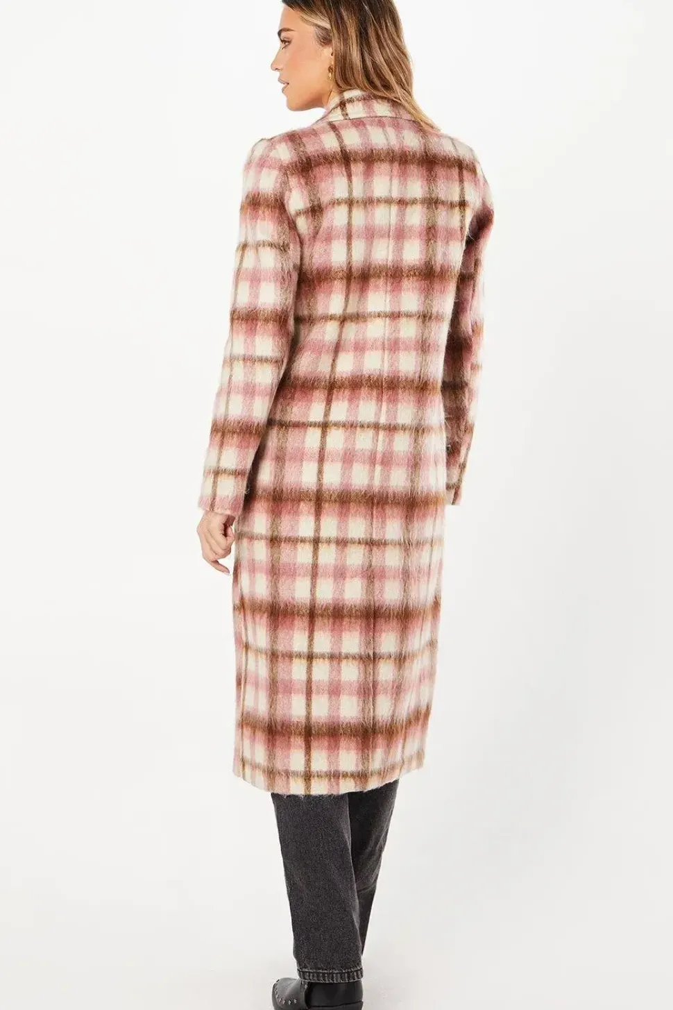 Pink Check Wool Look Midi Coat