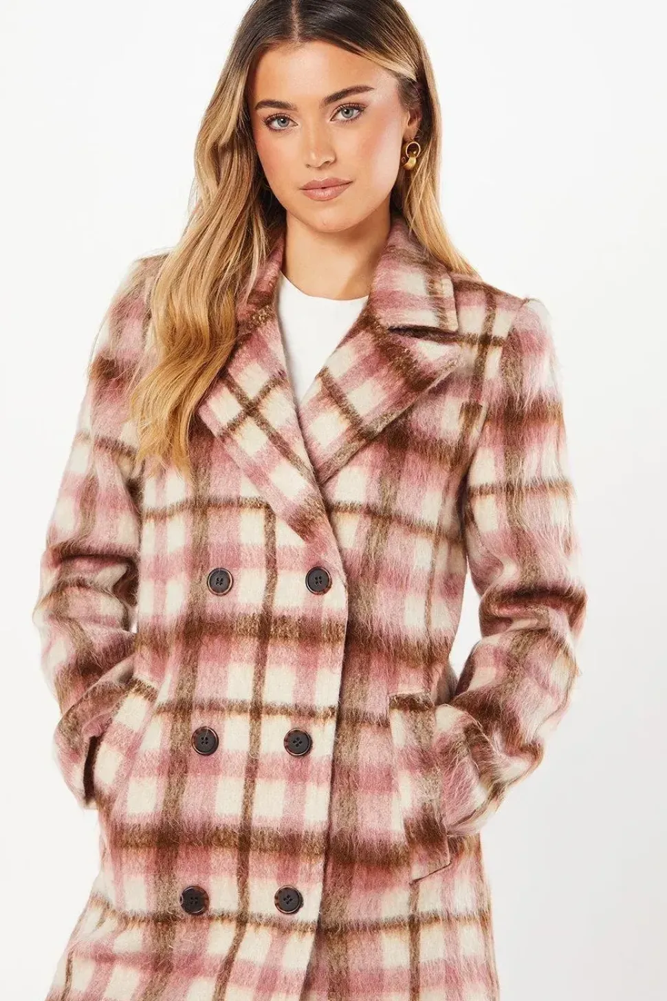 Pink Check Wool Look Midi Coat