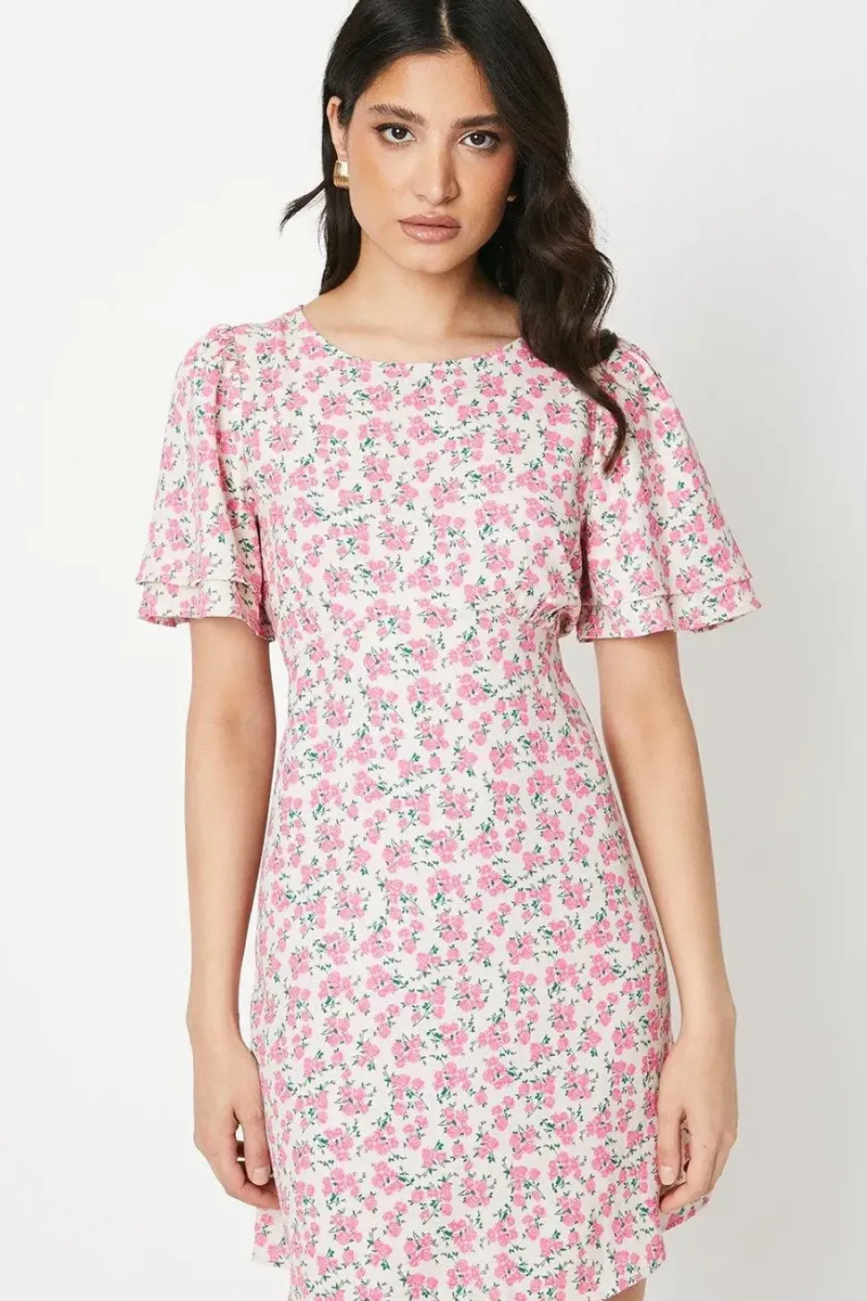 Pink Ditsy Angel Sleeve Empire Seam Mini Dress