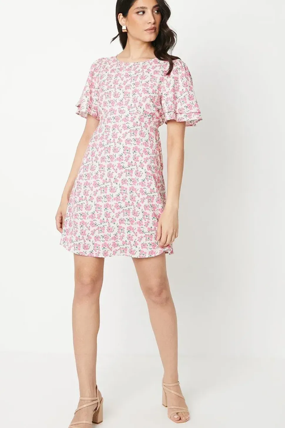 Pink Ditsy Angel Sleeve Empire Seam Mini Dress