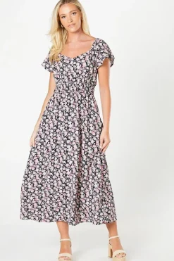 Pink Ditsy Angel Sleeve Midi Dress