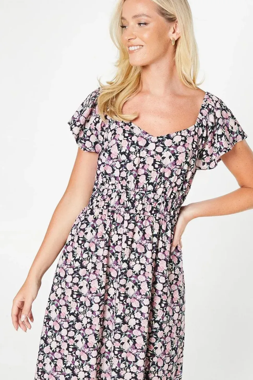Pink Ditsy Angel Sleeve Midi Dress