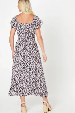 Pink Ditsy Angel Sleeve Midi Dress