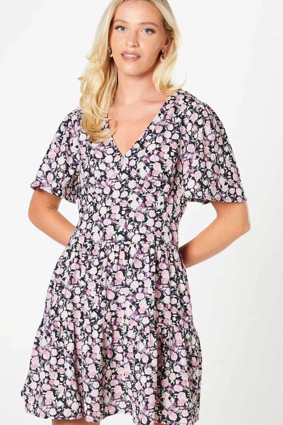 Pink Ditsy Angel Sleeve Mini Dress